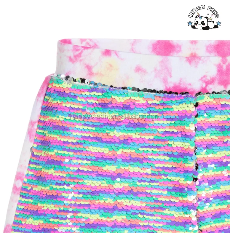 LEZONKIDS - Girls Children Clothing Tie Dye Cotton Jersey Rainbow Reversible Sequin Shorts